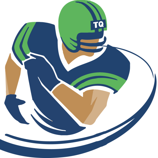 Illustration of a football player in green and blue gear running with the ball.